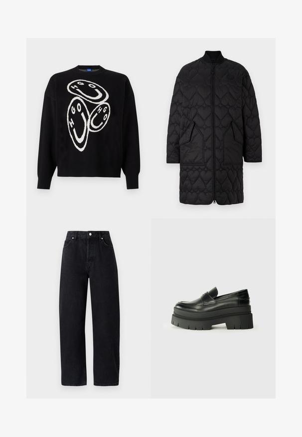 Black quilted coat with heart-shaped patterns, zip front, ribbed collar, and two angled pockets. Smooth finish with stitched detailing.; Black knitted sweater featuring white graphic design with circular shapes and the letters "HGO." Ribbed cuffs and hem accentuate the structure.; High-waisted, straight-leg black denim jeans with five pockets, metal rivets, and tonal stitching. Smooth texture, minimalistic design.; Black leather loafers with a chunky platform sole. Rounded toe, front seam detail, and subtle stitching accents. Flat, textured outsole.