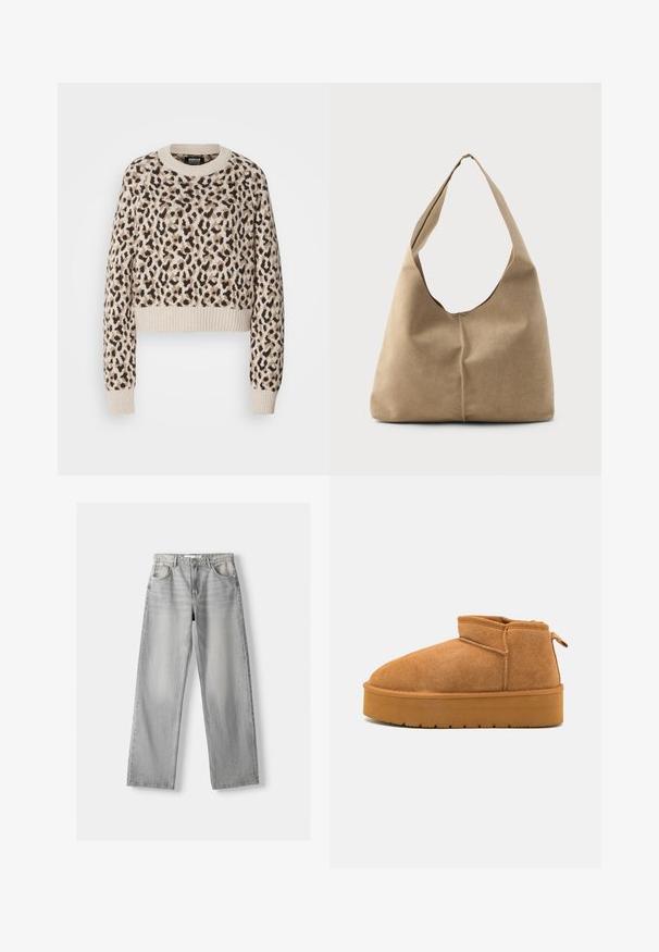 Gekürzte dunkelgrüne Lederjacke mit einem doppelt geknöpften Design, großen Revers und zwei Fronttaschen. Verfügt über verstellbare Manschetten und einen Gürtel.; Beige, gekürzter Pullover mit einem Leopardenmuster in braunen und schwarzen Tönen. Mit gerippten Bündchen und Saum sowie einem runden Halsausschnitt.; Weißes Kurzarmbluse mit vertikalen und Chevron-Streifen, ausgestattet mit einem Reißverschluss vorne, einem spitzen Kragen und zwei vorderen Taschen.; Helle graue Jeans aus Denim mit geradem Bein, ausgestattet mit zwei vorderen Taschen, einem Knopfverschluss und subtilen Abnutzungen für Struktur.; Braune Wildlederstiefeletten mit runder Spitze, niedrigem Schnitt und einer strukturierten Gummisohle, die eine leichte Plattform und eine Ziehlasche aufweist.; Hobo-Tasche aus weichem beigen Wildleder mit einer lässigen Form, breitem Schulterriemen und einer handgestickten Nahtdetail entlang der Vorderseite.