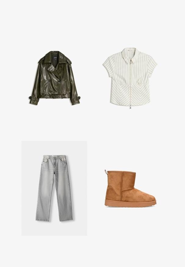 Giacca in pelle verde scuro tagliata, con design doppiopetto, ampi revers e due tasche frontali. Presenta maniche regolabili e una cintura.; Blusa bianca a maniche corte con strisce verticali e a zigzag, dotata di una cerniera frontale, colletto a punta e due tasche frontali.; Jeans in denim grigio chiaro con design a gamba dritta, dotati di due tasche anteriori, chiusura con bottone e una leggera scoloritura per texture.; Stivaletto in camoscio marrone con superficie texture, dotato di suola in gomma piatta e anello posteriore per un facile accesso.