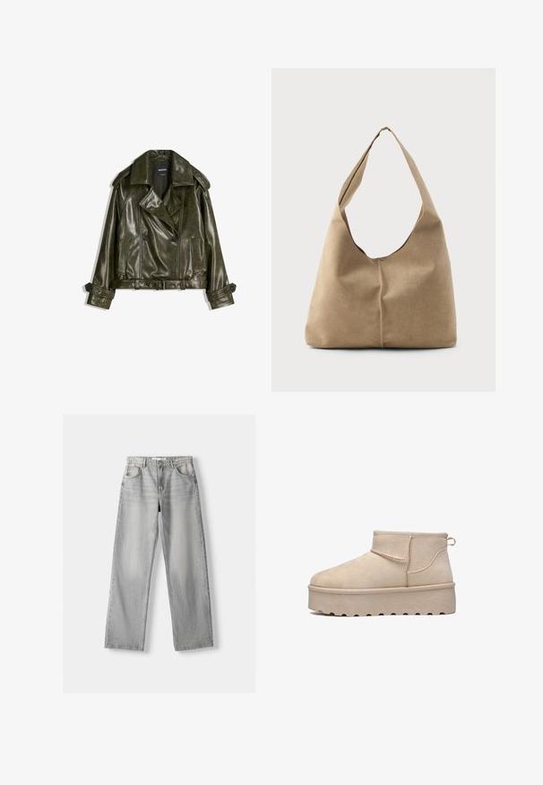 Korte donkergroene leren jas met een dubbelknoop ontwerp, grote revers en twee voorzakken. Voorzien van verstelbare manchetten en een riem.; Witte blouse met korte mouwen, voorzien van verticale en chevronstrepen, met een rits aan de voorkant, puntige kraag en twee voorzakken.; Lichtgrijze denim jeans met een rechte pasvorm, voorzien van twee voorkruizen, een knoopsluiting en subtiele vervaging voor textuur.; Elara Snowboots - beige; Hobo tas in zacht beige suede met een slungelige vorm, brede schouderband en een handgestikte naad langs de voorkant.