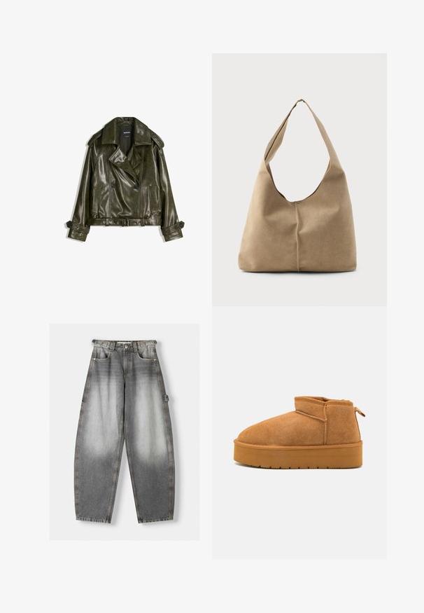 Lyhennetty tummanvihreä nahkatakki, jossa on kaksirivinen malli, suuret kaulukset ja kaksi etutaskua. Varustettu säädettävillä hihoilla ja vyöllä.; Valkoinen lyhythihainen pusero, jossa on pystysuorat ja V-muotoiset raidat, edessä vetoketju, terävä kaulus ja kaksi etutaskua.; Harmaat farkut, joissa on haalistunut pinta, leveä lahkeiden malli ja ommellut yksityiskohdat. Varustettu etutaskuilla ja sivunauhadetailillä.; Ruske mokasine z naramnico, okroglo konico, nizkim rezom in teksturirano gumijasto podlogo z rahlo platformo in zanko za povlečenje.; Hobo-laukku pehmeästä beige-suedesta, jossa on löysä muoto, leveä olkahihna ja käsinommeltu sauma edessä.