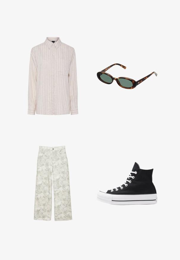 Giacca in pelle verde scuro tagliata, con design doppiopetto, ampi revers e due tasche frontali. Presenta maniche regolabili e una cintura.; Camicia button-up beige chiara con righe verticali scure, maniche lunghe, colletto e taschino sul petto. Realizzata in un tessuto testurizzato.; Jeans bianchi a gamba larga con un sottile motivo floreale in grigio e verde chiaro, caratterizzati da un design a cinque tasche e una chiusura con bottone argentato.; Sneaker alta nera in tela con occhielli e lacci bianchi e suola in gomma. Presenta un punta testurizzata e accenti a strisce bianche e nere.; Occhiali da sole tartarugati con montatura ovale e lenti verdi. Presentano aste sottili con un accento metallico vicino alle cerniere.