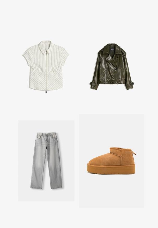 Džínová kožená bunda tmavozelenej farby so strihom na dvojité zapínanie, veľkými klopami a dvoma prednými vreckami. Obsahuje nastaviteľné manžety a opasok.; Biela blúzka s krátkym rukávom, s vertikálnymi a chevronovými prúžkami, s predným zipsom, špicatým golierom a dvoma prednými vreckami.; Svetlosivé džíny z denimu s rovnými nohavicami, ktoré majú dve predné vrecká, zapínanie na gombík a jemné vyblednutie pre textúru.; Hnedé semišové členkové topánky s okrúhlym prstom, nízkym strihom a textúrovanou gumovou podrážkou, ktorá má mierny platformový efekt a pútko na ťahanie.