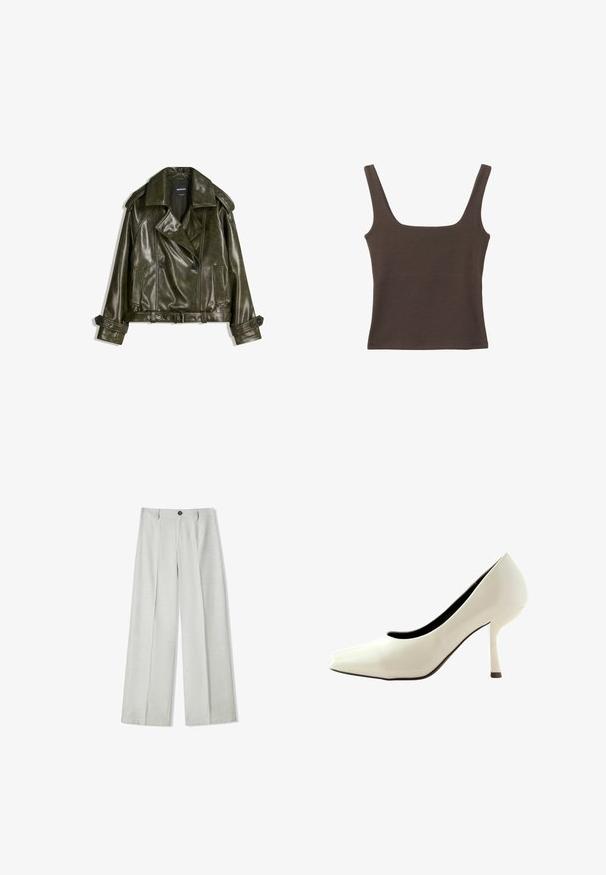Korte donkergroene leren jas met een dubbelknoop ontwerp, grote revers en twee voorzakken. Voorzien van verstelbare manchetten en een riem.; Bruine tanktop zonder mouwen met een vierkante halslijn, gemaakt van zachte, rekbare stof. Heeft een aansluitend ontwerp en platte naden.; Lichtgrijze wijde broek van een gestructureerde stof, met een knoopsluiting en twee plooien aan de voorkant voor extra detail.; Witte high-heeled pump met een spitse neus, een gladde glanzende afwerking en een slanke stilettohak. Het interieur heeft een contrasterende zwarte voering.
