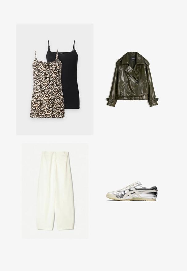 Korte donkergroene leren jas met een dubbelknoop ontwerp, grote revers en twee voorzakken. Voorzien van verstelbare manchetten en een riem.; Twee tanktops: de ene met een luipaardprint in beige en zwart, de andere effen zwart. Beide zijn voorzien van dunne verstelbare schouderbanden en hebben een aansluitend ontwerp.; Brede broekspijpen in een zachte crèmekleurige stof, met een gladde textuur, zijzakken en een relaxte pasvorm met een middenhoog tailleband.; Zilveren metallic sneaker met witte accenten en veters. Beschikt over een gestructureerd oppervlak, een ronde neus en een rubberen zool met een patroon voor grip.