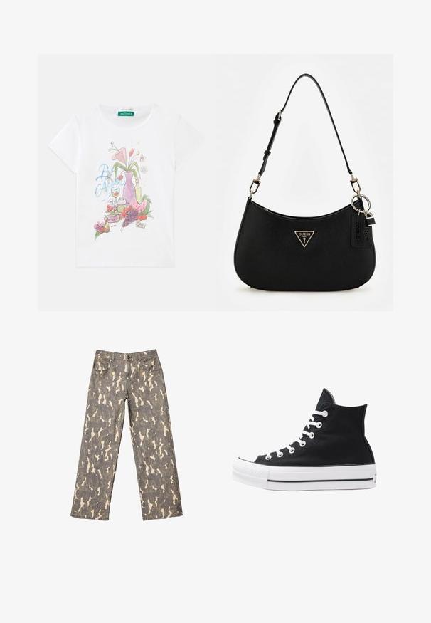 Zkrácená tmavě zelená kožená bunda s dvouřadým zapínáním, velkými klopami a dvěma předními kapsami. Má nastavitelné manžety a pásek.; Bílý tričko s krátkým rukávem s barevnou grafikou vázy s květinami, ovocem, sklenicí nápoje a hrozny na přední straně.; Džínsy s širokými nohavicemi v šedém, béžovém a hnědém maskáčovém vzoru, přední kapsy, poutka na pásek a zapínání na knoflík.; Černý plátěný sneaker s vysokým střihem, bílými očky, tkaničkami a gumovou podrážkou. Obsahuje texturovanou špičku a černobílé pruhy.; Černá syntetická taška přes rameno s zakřivenou siluetou, strukturovaným povrchem, zlatým trojúhelníkovým logem a odnímatelnými kovovými akcenty.