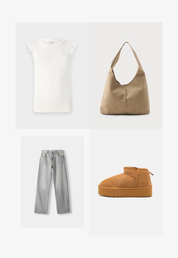 Skraćena tamnozelena kožna jakna s dvostrukim kopčanjem, velikim reverima i dva prednja džepa. Ima podesive manžetne i pojas.; Bijela bezrukava majica s rebrastom teksturom, s čipkastim nabranim detaljima na ramenima i okruglim izrezom.; Svijetlosive traperice s ravnim nogavicama, koje imaju dva prednja džepa, kopčanje na gumb i suptilno izblijedjenje za dodatnu teksturu.; Smeđe nubuk čizme do gležnja s zaobljenim vrhom, niskim dizajnom i teksturiranom gumenom potplatom s blagom platformom i petljom za povlačenje.; Torba hobo u mekanom bež antilopu s opuštenim oblikom, širokim remenom za rame i ručno šivenim detaljem na prednjoj strani.