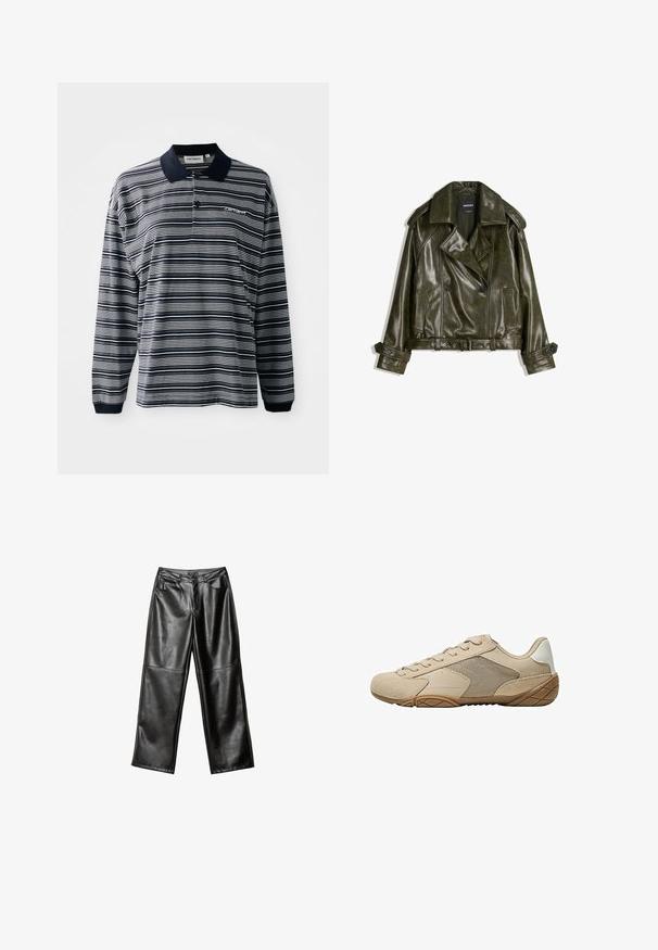 Korte donkergroene leren jas met een dubbelknoop ontwerp, grote revers en twee voorzakken. Voorzien van verstelbare manchetten en een riem.; Langsleeve polo shirt in marineblauw en witte strepen, van katoen, met een kraag, drie knopen bij de hals en een klein geborduurd logo op de borst.; Zwarte leren broek met brede pijpen, een gladde textuur, vijf zakken en gestikte details langs de benen en de tailleband.; Beige sportieve schoen met een bovenwerk van suede en mesh, een gestructureerde rubberen zool en platte veters. Gladde accenten bij de hiel met een afgerond teenontwerp.