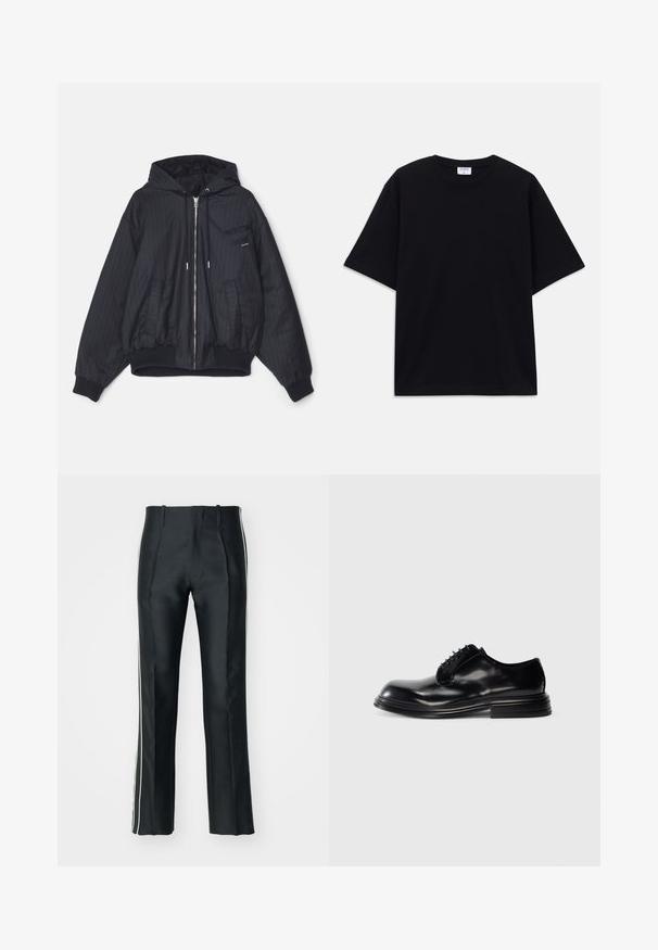 Melnā kapuce bomber jaka ar pinstrīpu dizainu, ar rāvējslēdzēju priekšpusē, elastīgām aprocēm un kabatām. Gluda auduma ar quilted oderi.; Melns īsām piedurknēm oversize T-krekls ar apaļu kakla izgriezumu un redzamu Filippa K zīmola birku iekškaklā.; Melnas satīna bikses ar pielāgotu piegriezumu, ar baltām sānu svītrām. Izstrādātas ar paplašinātām kājām un priekšējām krokām papildu detaļām.; Melna ādas vīriešu apavu kurpe ar noapaļotu purngalu, gludu apdari, auklu aizdari un kāju papēdi. Minimālisma stils bez redzamām logrām.