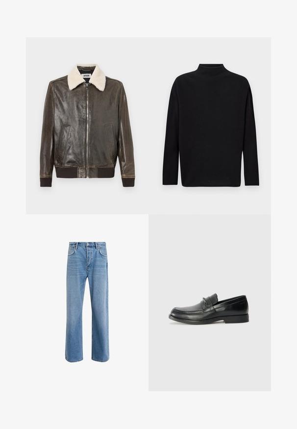 Giubbotto di pelle marrone con colletto in pelliccia, chiusura a zip frontale, due tasche laterali e polsini e orlo a coste. Texture liscia, design informale.; Maglione nero a collo alto, realizzato in morbido tessuto a maglia, con maniche lunghe, taglio ampio e scollatura alta. Senza motivi visibili o accessori.; Jeans in denim blu chiaro con design a gamba dritta, cinque tasche, chiusura con bottone, leggero sbiadimento e dettagli di cucitura a contrasto.; Mocassini in pelle nera con punta arrotondata, caratterizzati da un design cucito, una piccola fascetta frontale con dettagli in metallo e una suola piatta in gomma.