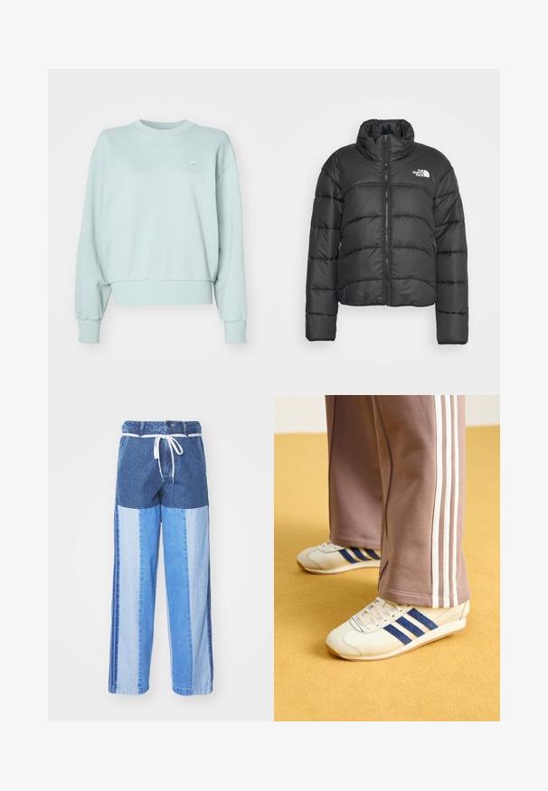 Jachetă puffer neagră cu un design scurt, având un guler înalt, închidere cu fermoar și buzunare laterale. Fabricată dintr-un material neted și izolat.; Sweatshirt de culoare verde mentă deschisă, realizat dintr-un amestec moale de bumbac, cu guler rotund cu nervuri, umeri căzuți și manșete cu nervuri. Detaliu mic cu logo pe piept.; Pantaloni din denim albastru cu un design pe patchwork în nuanțe variate de albastru, cu talie cu șnur și picioare largi, cu croială dreaptă.; Sneakers crem cu dungi din suede bleu, șireturi albe și talpă din cauciuc. Asortați cu pantaloni de trening gri cu dungi albe pe laterale.