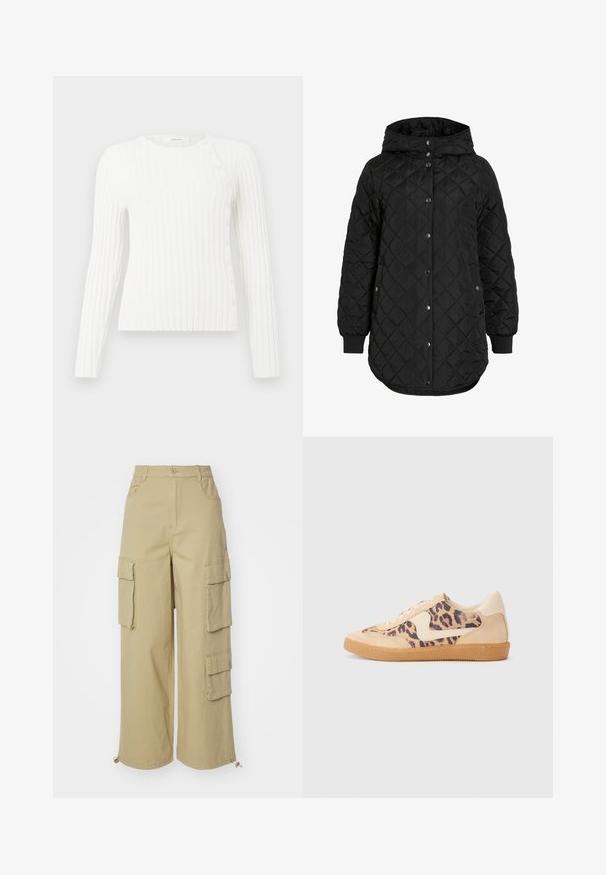 Casaco preto acolchoado com capuz, apresentando um fecho de botão, punhos canelados e uma bainha mais longa. O tecido é suave com um acabamento mate.; Sweater branco canelado de manga longa com decote redondo e fila diagonal de pequenos botões do ombro até a bainha no lado direito.; Camisola de gola alta de mangas compridas em branco sujo, feita de um tecido suave e elástico, com um design ajustado e textura canelada.; Calças cargo bege com pernas largas, dois grandes bolsos laterais, bolsos frontais e um detalhe de cordão na barra. Tecido misto de algodão.; Sapatilhas com padrão de leopardo, parte superior em camurça bege, sola de borracha castanha e detalhes brancos. Bico redondo e design com atacadores, com um acabamento texturizado.