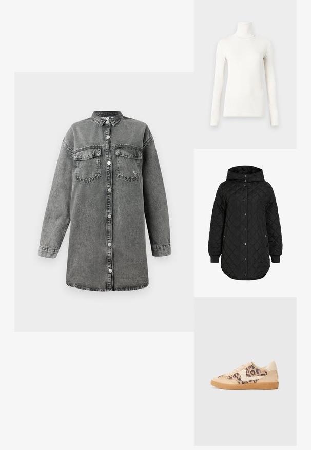 Schwarze gesteppte Jacke mit Kapuze, ausgestattet mit einem Knopfverschluss, gerippten Bündchen und einem längeren Saum. Der Stoff ist glatt mit matter Oberfläche.; Graues Denim-Kleid mit langen Ärmeln, Knopfleiste, zwei Brusttaschen und abgerundetem Saum. Verfügt über eine dezente, ausgewaschene Textur und metallene Knöpfe.; Langärmliges Rollkragenshirt in Off-White, aus weichem, elastischem Stoff mit einer taillierten Passform und gerippter Struktur.; Löwenmuster-Sneaker mit beige Wildleder-Obermaterial, tanfarbener Gummisohle und weißen Akzenten. Runde Zehenform und Schnürdesign mit strukturiertem Finish.