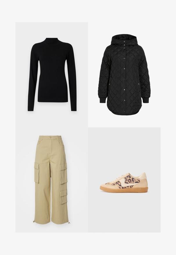 Veste matelassée noire avec capuche, dotée d'une fermeture à boutons, de poignets côtelés et d'un ourlet long. Le tissu est lisse avec une finition mate.; Un pull à col roulé noir en tissu lisse et léger. Il présente des manches longues et des poignets ajustés, avec une texture côtelée à l'ourlet.; Pantalons cargo beiges avec jambes larges, deux grandes poches latérales, poches avant et un détail à cordon au bas. Tissu en mélange de coton.; Baskets en imprimé léopard avec tige en suède beige, semelle en caoutchouc tan et accents blancs. Bout rond et design à lacets avec une finition texturée.