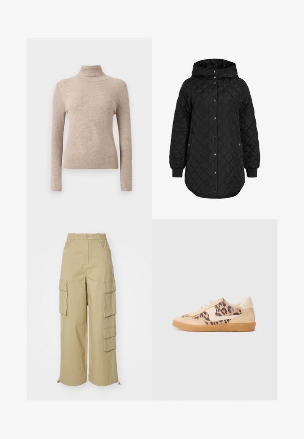 Čierna prešívaná bunda s kapucňou, so zapínaním na gombíky, rebrovanými manžetami a dlhším lemom. Tkanina je hladká s matným povrchom.; Bežový rebrovaný svetrový rolák s dlhým rukávom vystavený na bielom pozadí.; Bežové cargo nohavice s širokými nohavicami, dvoma veľkými bočnými vreckami, prednými vreckami a šnúrkou na spodnom okraji. Materiál z bavlnenej zmesi.; Tenisky s leopardím vzorom, s béžovým semišovým zvrškom, svetlohnedou gumovou podrážkou a bielymi akcentmi. Okrúhla špička a šnurovací dizajn s textúrovaným povrchom.