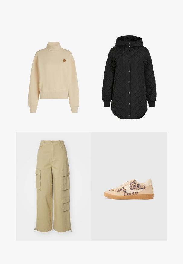 Mustmust mustka jakk, millel on kapuuts, nuppude kinnitusega, soonikkätised ja pikem äär. Kangas on sile ja matt.; Beige kõrge kaelusega särk, valmistatud pehmodest kangast, lõdva istuvuse ja langenud õlgadega, rinnal väikese ümmarguse logoga.; Pika pikhuga turtleneck-särk beežikraanis, mis on valmistatud pehmest ja venivast kangast, millel on ülikitsas disain ja soonikuline tekstuur.; Bežid cargo püksid, millel on laiad sääred, kaks suurt küljetaskut, ees olevad taskud ja nöördetail alläärel. Puuvilla segu kangas.; Leopardi mustriga tossud, millel on beež sueded ülemine osa, pruuni kummist põhi ja valged aktsendid. Ümar nina ja lipsukujundus, millel on tekstureeritud viimistlus.
