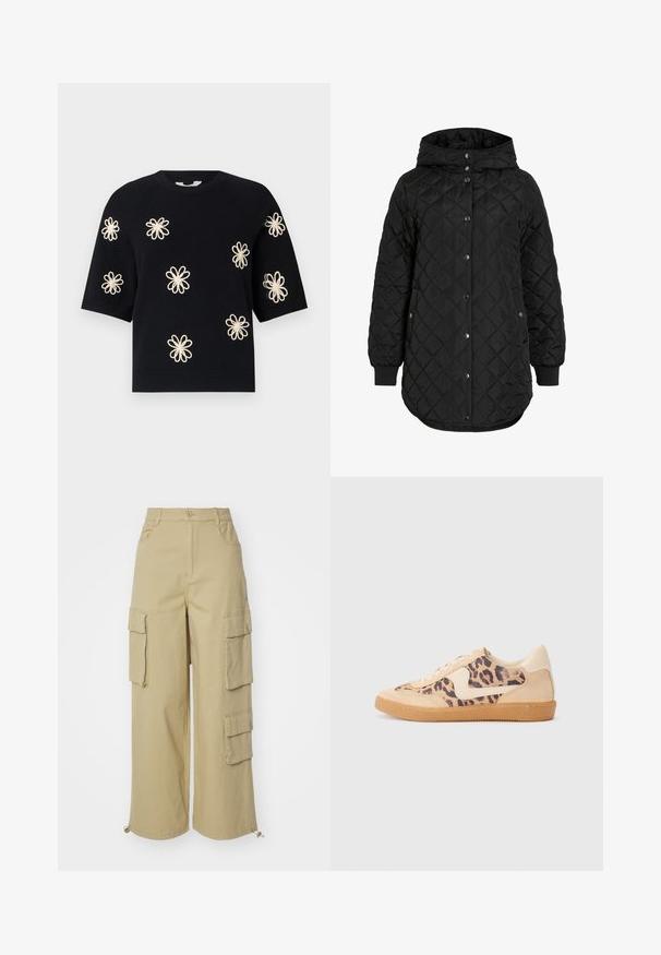 Veste matelassée noire avec capuche, dotée d'une fermeture à boutons, de poignets côtelés et d'un ourlet long. Le tissu est lisse avec une finition mate.; Pull en maille noir à manches courtes avec des motifs de fleurs de couleur crème brodés uniformément sur le devant et uncol en rib et ourlet.; Chemise à col roulé à manches longues en écru, fabriquée en tissu doux et extensible avec une coupe ajustée et une texture côtelée.; Pantalons cargo beiges avec jambes larges, deux grandes poches latérales, poches avant et un détail à cordon au bas. Tissu en mélange de coton.; Baskets en imprimé léopard avec tige en suède beige, semelle en caoutchouc tan et accents blancs. Bout rond et design à lacets avec une finition texturée.