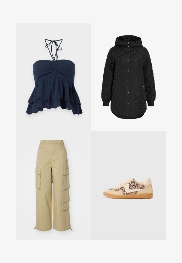 Crna jakna s kvačicama i kapuljačom, koja ima zatvaranje na gumbe, rebraste manžetne i duži rub. Tkanina je glatka s mat završnom obradom.; Mornarskoplavi top bez naramenica s nabranoj bodicom, naboranim rubom i tankim vezicama oko vrata. Mekani, teksturirani materijal s opuštenim krojem, idealan za ležerno nošenje.; Bež kargo hlače s širokim nogavicama, dva velika bočna džepa, prednja džepa i detaljem s vezicom na rubu. Mješavina pamučnog materijala.; Tenisice s uzorkom leoparda, bež nubuk gornjištem, smešnim gumenim đonom i bijelim detaljima. Okrugli vrh i dizajn s vezicama s teksturiranom završnom obradom.
