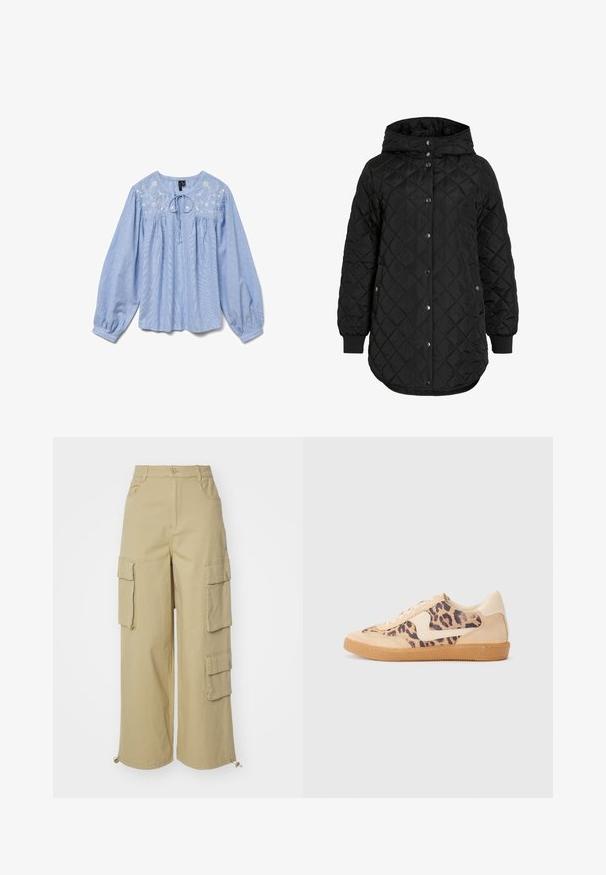 Μαύρο quilted μπουφάν με κουκούλα, με κλείσιμο με κουμπιά, ριμπ μανσέτες και μεγαλύτερο τελείωμα. Το ύφασμα είναι λείο με ματ φινίρισμα.; Ανοιχτό μπλε μπλούζα με κεντημένες λουλουδάτες λεπτομέρειες, μακριά μπαλόνια μανίκια, στρογγυλή λαιμόκοψη και κορδόνι στον λαιμό, υφασμάτινη υφή.; Μπεζ cargo παντελόνι με φαρδιές μπατζάκια, δύο μεγάλες πλαϊνές τσέπες, εμπρός τσέπες και κορδόνι στο στρίφωμα. Υλικό από μείγμα βαμβακιού.; Αθλητικά παπούτσια με λεοπάρ σχέδιο και άνω μέρος από μπεζ σουέτ, καφέ ελαστική σόλα και λευκές λεπτομέρειες. Στρογγυλή μύτη και σχέδιο με κορδόνια με υφή.