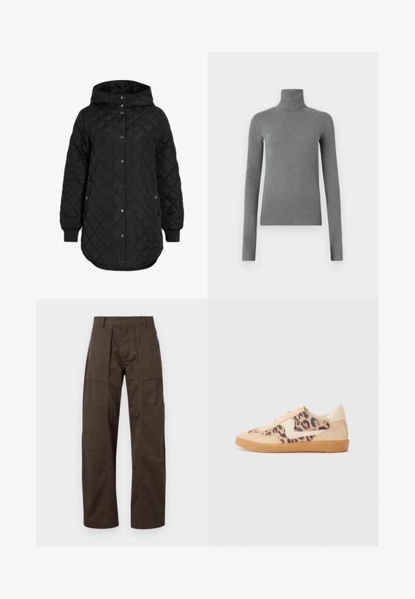 Schwarze gesteppte Jacke mit Kapuze, ausgestattet mit einem Knopfverschluss, gerippten Bündchen und einem längeren Saum. Der Stoff ist glatt mit matter Oberfläche.; Grauer Rollkragenpullover aus glattem, dehnbarem Stoff. Lange Ärmel, figurbetontes Design, minimale Textur, ohne sichtbare Muster oder Beschläge.; Braune Cargo-Hosen aus robustem Stoff, mit mehreren Taschen, einer lockeren Passform und auffälligen Nähdetails für Langlebigkeit.; Löwenmuster-Sneaker mit beige Wildleder-Obermaterial, tanfarbener Gummisohle und weißen Akzenten. Runde Zehenform und Schnürdesign mit strukturiertem Finish.