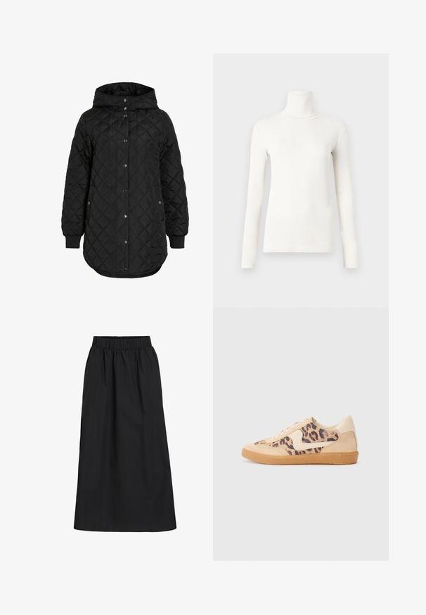 Fekete steppelt kabát kapucnival, gombos záródással, bordázott mandzsettákkal és hosszabb szegéllyel. Az anyag sima, matt felületű.; Hosszú ujjú garbó póló tejfehér színben, puha, rugalmas anyagból készült, testhezálló fazonnal és bordás textúrával.; Fekete, térd alá érő szoknya puha, könnyű anyagból. Rugalmas derékrésszel és egyszerű, lágy vonalvezetéssel rendelkezik, díszítés nélkül.; Leopárdmintás sportcipő bézs velúr felsőrésszel, világosbarna gumitalppal és fehér kiegészítőkkel. Kerek orr, fűzős kialakítás, és textúrázott felület jellemzi.