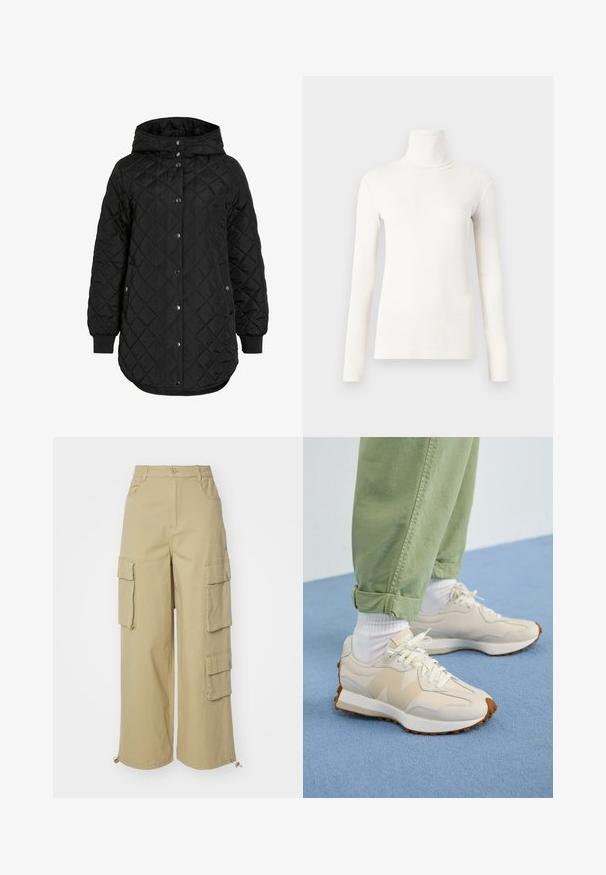 Črna prešita jakna s kapuco, z gumbnim zapiranjem, rebrastimi manšetami in daljšim robom. Tkanina je gladka z mat površino.; Majica z dolgimi rokavi in turtleneck v off-white barvi, izdelana iz mehkega, raztegljivega materiala z oprijetim dizajnom in rebrasto teksturo.; Bež hlače cargo z širokimi nogami, dvema velikima stranskima žepoma, sprednjima žepoma in detajlom s ponjavico na robu. Mešanica bombaža.; Bež in bela tekaška obuvala z teksturirano površino, ki imata gumijast podplat in oblazinjen ovratnik, v kombinaciji z zavihanimi zelenimi hlačami.