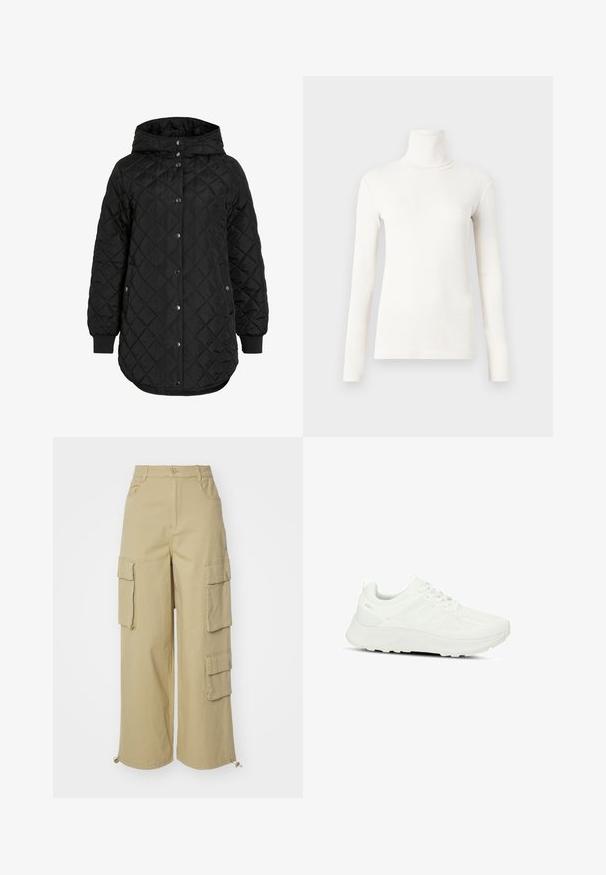 Giacca nera trapuntata con cappuccio, dotata di chiusura a bottone, polsini a costine e orlo più lungo. Il tessuto è liscio con una finitura opaca.; Maglietta a maniche lunghe con collo alto in bianco sporco, realizzata in un tessuto morbido ed elasticizzato con un design aderente e texture a coste.; Pantaloni cargo beige con gamba larga, due grandi tasche laterali, tasche frontali e dettaglio con cordino all'orlo. Tessuto in misto cotone.; Scarpa sportiva bianca con tomaia testurizzata e pannelli in rete, design con stringhe, suola imbottita e branding discreto sul tallone.