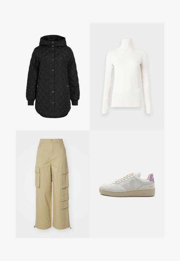 Casaco preto acolchoado com capuz, apresentando um fecho de botão, punhos canelados e uma bainha mais longa. O tecido é suave com um acabamento mate.; Camisola de gola alta de mangas compridas em branco sujo, feita de um tecido suave e elástico, com um design ajustado e textura canelada.; Calças cargo bege com pernas largas, dois grandes bolsos laterais, bolsos frontais e um detalhe de cordão na barra. Tecido misto de algodão.; Os ténis brancos em couro apresentam uma sola bege, cordões bege e um detalhe em púrpura no calcanhar. Incluem um acabamento perfurado e um logotipo na lateral.