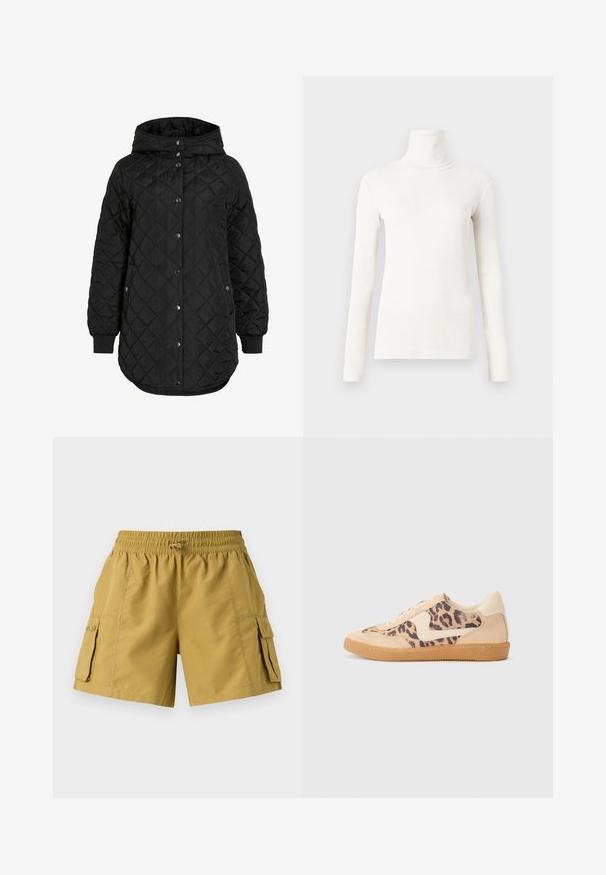 Crna jakna s kvačicama i kapuljačom, koja ima zatvaranje na gumbe, rebraste manžetne i duži rub. Tkanina je glatka s mat završnom obradom.; Duga majica s visokim ovratnikom u boji slonovače, izrađena od mekog, rastezljivog materijala s prilagođenim dizajnom i rebrastom teksturom.; Kargo šortsi u kaki boji s elastičnim pojasom, vezicom i dva bočna džepa. Izrađeni su od laganog materijala s glatkom teksturom.; Tenisice s uzorkom leoparda, bež nubuk gornjištem, smešnim gumenim đonom i bijelim detaljima. Okrugli vrh i dizajn s vezicama s teksturiranom završnom obradom.