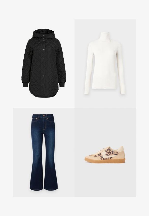 Casaco preto acolchoado com capuz, apresentando um fecho de botão, punhos canelados e uma bainha mais longa. O tecido é suave com um acabamento mate.; Camisola de gola alta de mangas compridas em branco sujo, feita de um tecido suave e elástico, com um design ajustado e textura canelada.; Jean flare de cor azul escuro com cintura alta, feito de denim. Apresenta hardware de cor cobre e design clássico de cinco bolsos. Textura suave.; Sapatilhas com padrão de leopardo, parte superior em camurça bege, sola de borracha castanha e detalhes brancos. Bico redondo e design com atacadores, com um acabamento texturizado.