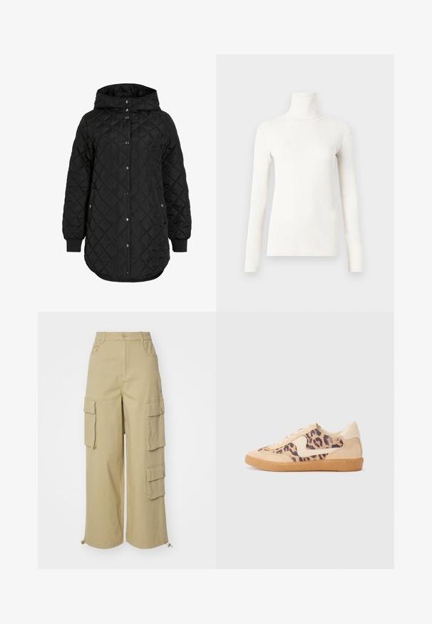 Melnā iešūtu jaku ar kapuci, kas piedāvā pogu aizdari, ribotas piedurknes un garāku apakšdaļu. Audums ir gluds ar matt virsmu.; Ilgi piedurkņu turtlenecks krekls off-white krāsā, izgatavots no mīksta, elastīga auduma ar pieguļošu dizainu un ribotu tekstūru.; Beige kravas bikses ar platām kājām, divām lielām sānu kabatām, priekšējām kabatām un auklas detaļu apakšmalā. Kokvilnas auduma maisījums.; Leoparda drukas kedas ar beidzējo zamša virsu, brūnu gumijas zoli un baltām akcenta detaļām. Apļveida purngals un auklu aizdare ar strukturētu virsmu.