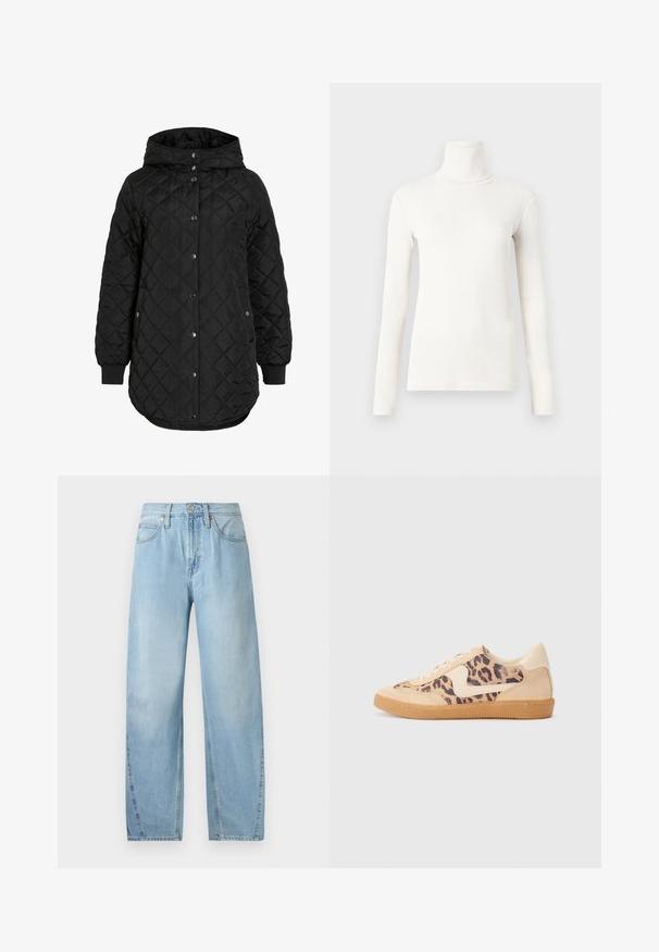 Casaco preto acolchoado com capuz, apresentando um fecho de botão, punhos canelados e uma bainha mais longa. O tecido é suave com um acabamento mate.; Camisola de gola alta de mangas compridas em branco sujo, feita de um tecido suave e elástico, com um design ajustado e textura canelada.; Jeans de denim azul claro com um design de perna reta, cinco bolsos e fecho de zip. Apresentam costura visível e detalhes em metal.; Sapatilhas com padrão de leopardo, parte superior em camurça bege, sola de borracha castanha e detalhes brancos. Bico redondo e design com atacadores, com um acabamento texturizado.