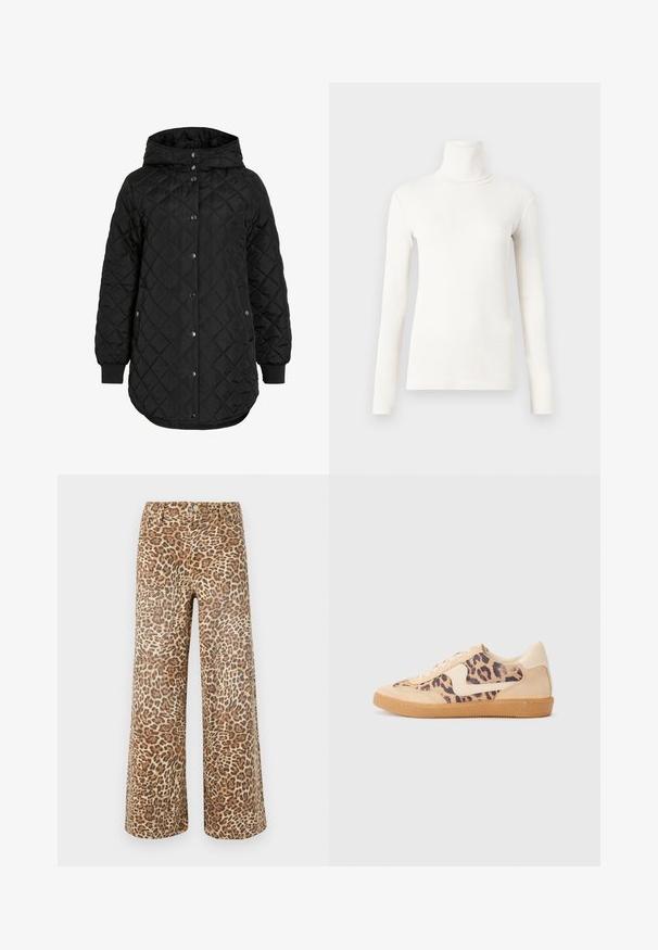 Črna prešita jakna s kapuco, z gumbnim zapiranjem, rebrastimi manšetami in daljšim robom. Tkanina je gladka z mat površino.; Majica z dolgimi rokavi in turtleneck v off-white barvi, izdelana iz mehkega, raztegljivega materiala z oprijetim dizajnom in rebrasto teksturo.; Hlače širokih nogavic z leopardjim potiskom v rjavih in rjavih odtenkih, z klasičnim pasom, gumbom za zapiranje in petimi žepi.; Teniske s leopardjim vzorom z zgornjim delom iz bež semiša, rjavim gumijastim podplatom in belimi detajli. Okrogla konica in vezenje z vezalkami ter teksturirana površina.