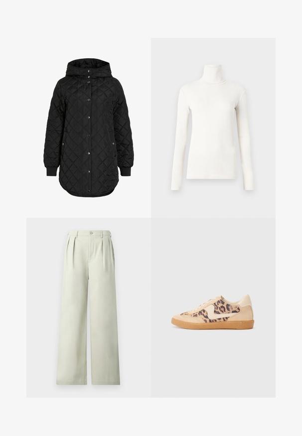 Mustmust mustka jakk, millel on kapuuts, nuppude kinnitusega, soonikkätised ja pikem äär. Kangas on sile ja matt.; Pika pikhuga turtleneck-särk beežikraanis, mis on valmistatud pehmest ja venivast kangast, millel on ülikitsas disain ja soonikuline tekstuur.; Heledad roheline laiad püksid, mis on valmistatud siledast kangast, millel on voldid, ühe nööbi vöökoht ja puhas lõige.; Leopardi mustriga tossud, millel on beež sueded ülemine osa, pruuni kummist põhi ja valged aktsendid. Ümar nina ja lipsukujundus, millel on tekstureeritud viimistlus.