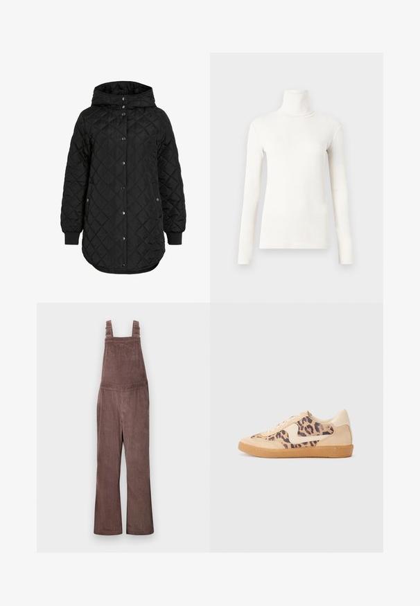 Fekete steppelt kabát kapucnival, gombos záródással, bordázott mandzsettákkal és hosszabb szegéllyel. Az anyag sima, matt felületű.; Hosszú ujjú garbó póló tejfehér színben, puha, rugalmas anyagból készült, testhezálló fazonnal és bordás textúrával.; Barna kordbársony overáll, állítható pántokkal, széles lábszárral és függőleges bordázott textúrával. Oldalsó zsebekkel és laza szabással rendelkezik.; Leopárdmintás sportcipő bézs velúr felsőrésszel, világosbarna gumitalppal és fehér kiegészítőkkel. Kerek orr, fűzős kialakítás, és textúrázott felület jellemzi.