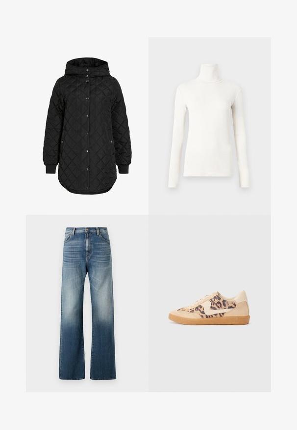 Fekete steppelt kabát kapucnival, gombos záródással, bordázott mandzsettákkal és hosszabb szegéllyel. Az anyag sima, matt felületű.; Hosszú ujjú garbó póló tejfehér színben, puha, rugalmas anyagból készült, testhezálló fazonnal és bordás textúrával.; Széles szárú, kék farmernadrág, elhasználódott kinézettel, gombos záródással és hagyományos, öt zsebes kialakítással. Az anyag sima tapintású.; Leopárdmintás sportcipő bézs velúr felsőrésszel, világosbarna gumitalppal és fehér kiegészítőkkel. Kerek orr, fűzős kialakítás, és textúrázott felület jellemzi.