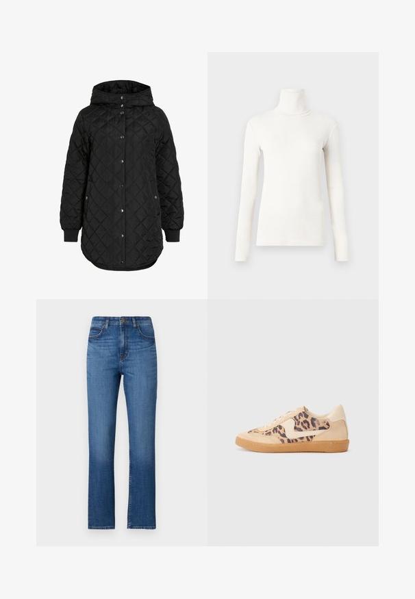 Casaco preto acolchoado com capuz, apresentando um fecho de botão, punhos canelados e uma bainha mais longa. O tecido é suave com um acabamento mate.; Camisola de gola alta de mangas compridas em branco sujo, feita de um tecido suave e elástico, com um design ajustado e textura canelada.; Jeans de ganga azuis com um design de perna reta, cintura alta, cinco bolsos e costuras discretas ao longo das emendas. Textura suave.; Sapatilhas com padrão de leopardo, parte superior em camurça bege, sola de borracha castanha e detalhes brancos. Bico redondo e design com atacadores, com um acabamento texturizado.