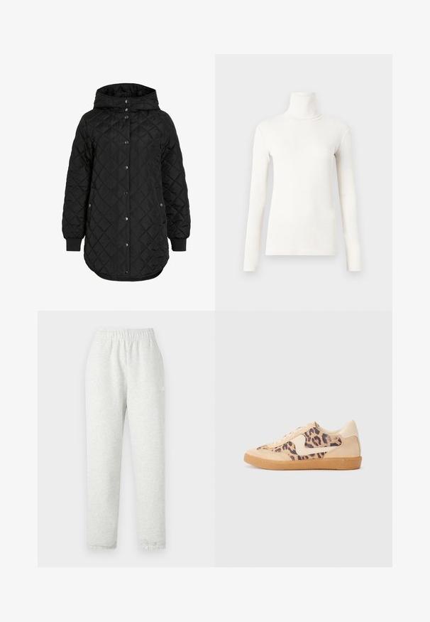 Μαύρο quilted μπουφάν με κουκούλα, με κλείσιμο με κουμπιά, ριμπ μανσέτες και μεγαλύτερο τελείωμα. Το ύφασμα είναι λείο με ματ φινίρισμα.; Μακρυμάνικη μπλούζα με ζιβάγκο σε off-white, κατασκευασμένη από μαλακό και ελαστικό ύφασμα με εφαρμοστή σχεδίαση και ριπτή υφή.; Ανοιχτό γκρι φόρμες με ελαστική μέση, στενές πλευρές και ριπές μανσέτες. Φτιαγμένο από μαλακό, υφασμάτινο ύφασμα. Λευκή λεπτομέρεια λογότυπου στο πλάι.; Αθλητικά παπούτσια με λεοπάρ σχέδιο και άνω μέρος από μπεζ σουέτ, καφέ ελαστική σόλα και λευκές λεπτομέρειες. Στρογγυλή μύτη και σχέδιο με κορδόνια με υφή.
