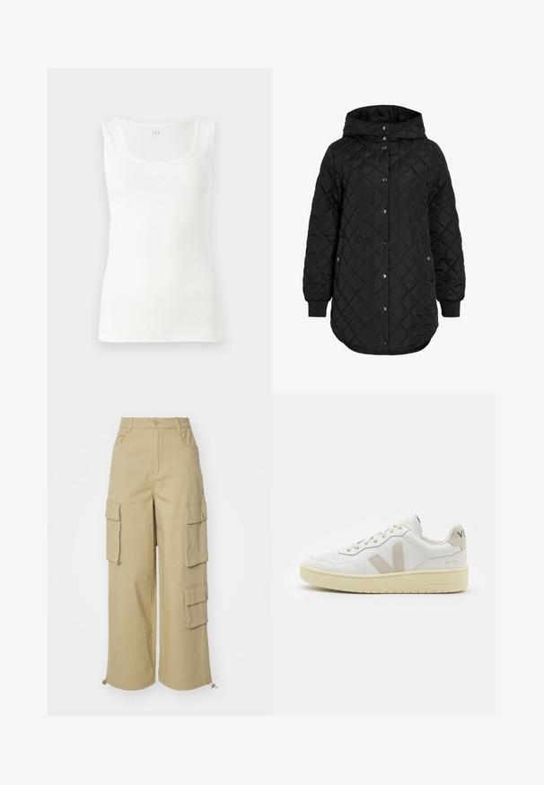 Melnā iešūtu jaku ar kapuci, kas piedāvā pogu aizdari, ribotas piedurknes un garāku apakšdaļu. Audums ir gluds ar matt virsmu.; Balts ribots topiņš ar kvadrātveida kakla izgriezumu un vārdu "GAP" izspiests saskaņotā krāsā uz priekšpuses.; Beige kravas bikses ar platām kājām, divām lielām sānu kabatām, priekšējām kabatām un auklas detaļu apakšmalā. Kokvilnas auduma maisījums.; Baltas ādas sporta apavu pāris ar bēšiem zamša akcentiem, caurumiņu purngalā, plakanu šņorēšanu un teksturētu krēmkrāsas zoli. Iezīmējas ar diskrētu zīmolu uz papēža.