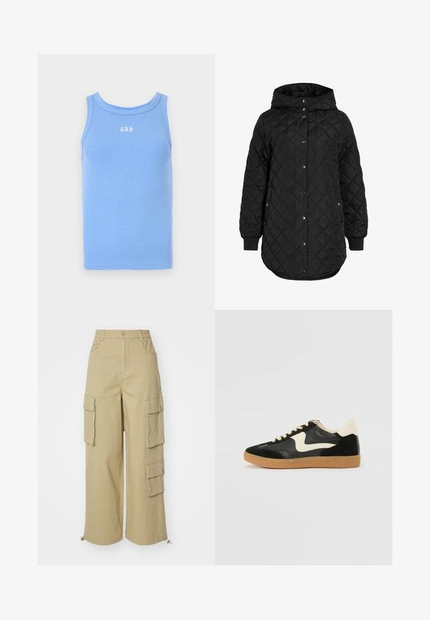 Black quilted jacket with a hood, featuring a button closure, ribbed cuffs, and a longer hem. The fabric is smooth with a matte finish.; Light blue ribbed tank top with a rounded neckline, featuring white "GAP" logo on the chest. Soft fabric, sleeveless design.; Beige cargo pants featuring wide legs, two large side pockets, front pockets, and a drawstring detail at the hem. Cotton blend fabric.; Black suede and leather sneaker with a cream side swoosh and light cream heel. Features beige laces and a gum rubber outsole.