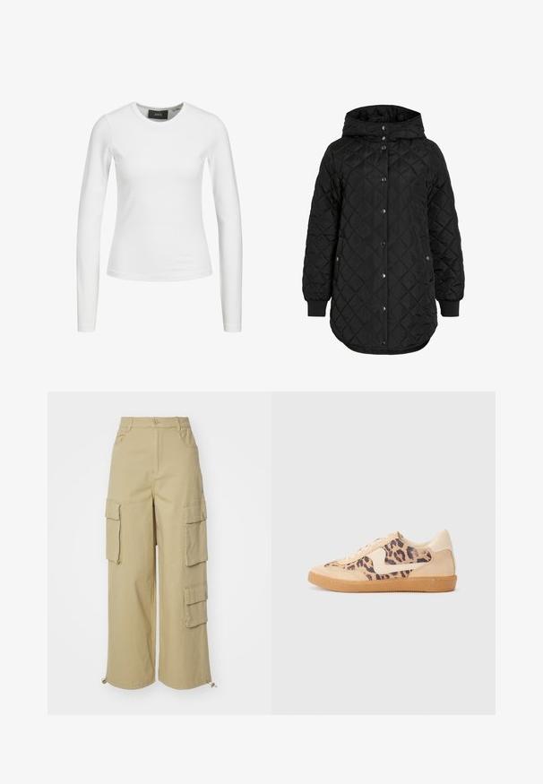 Melnā iešūtu jaku ar kapuci, kas piedāvā pogu aizdari, ribotas piedurknes un garāku apakšdaļu. Audums ir gluds ar matt virsmu.; Balta, ilga krekla piedurkne, pieguļoša forma, izgatavota no viegla, elastīga auduma. Iezīmes apaļa kakla izgriezums un nav redzamu rakstu vai rotājumu.; Beige kravas bikses ar platām kājām, divām lielām sānu kabatām, priekšējām kabatām un auklas detaļu apakšmalā. Kokvilnas auduma maisījums.; Leoparda drukas kedas ar beidzējo zamša virsu, brūnu gumijas zoli un baltām akcenta detaļām. Apļveida purngals un auklu aizdare ar strukturētu virsmu.