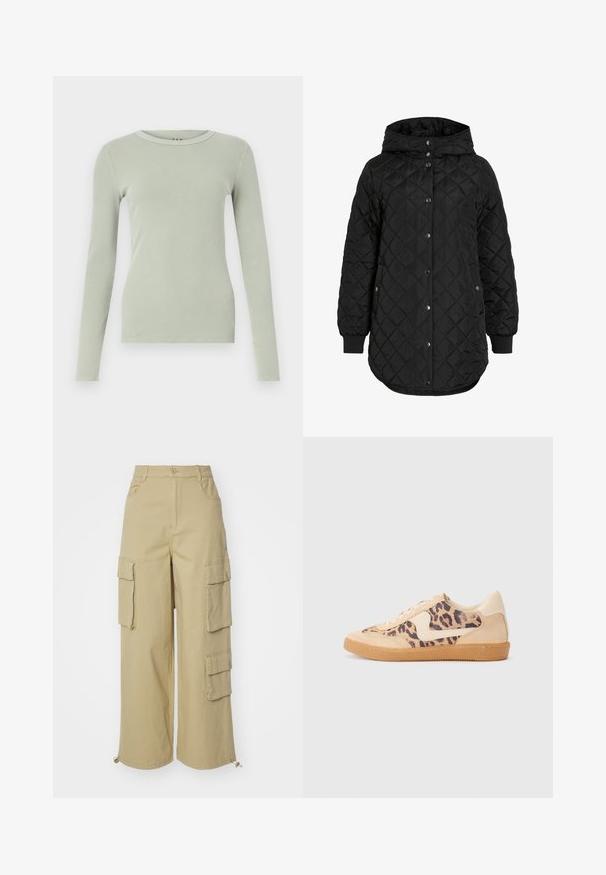 Black quilted jacket with a hood, featuring a button closure, ribbed cuffs, and a longer hem. The fabric is smooth with a matte finish.; Long-sleeve top in light green ribbed fabric with a rounded neckline and form-fitting design. No visible patterns or embellishments.; Beige cargo pants featuring wide legs, two large side pockets, front pockets, and a drawstring detail at the hem. Cotton blend fabric.; Leopard print sneakers with beige suede upper, tan rubber sole, and white accents. Round toe and lace-up design with a textured finish.