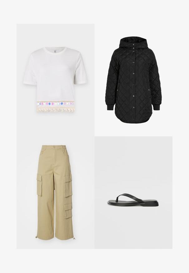 Čierna prešívaná bunda s kapucňou, so zapínaním na gombíky, rebrovanými manžetami a dlhším lemom. Tkanina je hladká s matným povrchom.; Biela skrátená tričko s okrúhlym výstrihom, ktorý je zdobený strapcami a lesklými kruhovými akcentmi v rôznych farbách na leme.; Bežové cargo nohavice s širokými nohavicami, dvoma veľkými bočnými vreckami, prednými vreckami a šnúrkou na spodnom okraji. Materiál z bavlnenej zmesi.; Čierne šľapky vyrobené z hladkej kože, s tenkým pásikom a plochou podrážkou s minimalistickým profilom. Bez výrazných vzorov alebo akcentov.
