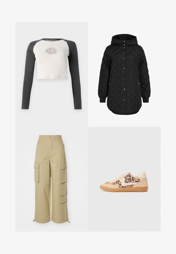 Fekete steppelt kabát kapucnival, gombos záródással, bordázott mandzsettákkal és hosszabb szegéllyel. Az anyag sima, matt felületű.; Rövidített ujjú póló világosszürke testtel és sötétszürke ujjal. Elől egy bézs színű napsugár grafika található a mellkason. Pamut anyag.; Beige cargo nadrágok széles szabással, két nagy oldalsó zsebbel, elülső zsebekkel és húzózsinórral a szegélyen. Pamut keverék anyag.; Leopárdmintás sportcipő bézs velúr felsőrésszel, világosbarna gumitalppal és fehér kiegészítőkkel. Kerek orr, fűzős kialakítás, és textúrázott felület jellemzi.