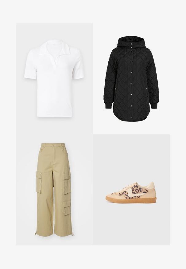 Čierna prešívaná bunda s kapucňou, so zapínaním na gombíky, rebrovanými manžetami a dlhším lemom. Tkanina je hladká s matným povrchom.; Biele pánske polokošele z bavlny s golierom, krátkymi rukávmi a mierne výstrihom do V. Hladká textúra, jednoduchý a minimalistický vzhľad.; Bežové cargo nohavice s širokými nohavicami, dvoma veľkými bočnými vreckami, prednými vreckami a šnúrkou na spodnom okraji. Materiál z bavlnenej zmesi.; Tenisky s leopardím vzorom, s béžovým semišovým zvrškom, svetlohnedou gumovou podrážkou a bielymi akcentmi. Okrúhla špička a šnurovací dizajn s textúrovaným povrchom.