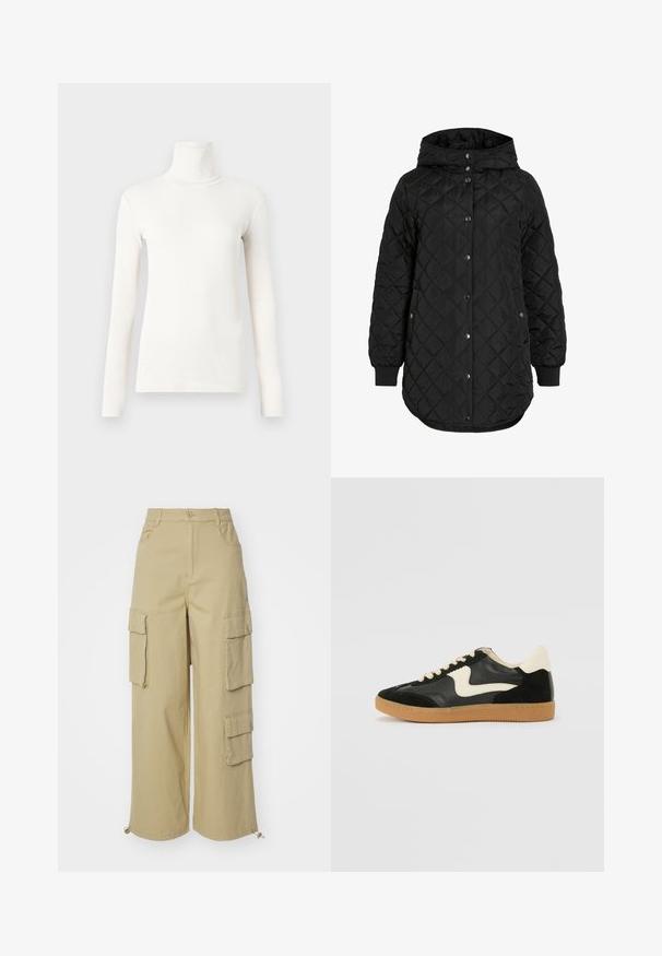 Black quilted jacket with a hood, featuring a button closure, ribbed cuffs, and a longer hem. The fabric is smooth with a matte finish.; Long-sleeve turtleneck shirt in off-white, made of soft, stretchy fabric with a fitted design and ribbed texture.; Beige cargo pants featuring wide legs, two large side pockets, front pockets, and a drawstring detail at the hem. Cotton blend fabric.; Black suede and leather sneaker with a cream side swoosh and light cream heel. Features beige laces and a gum rubber outsole.