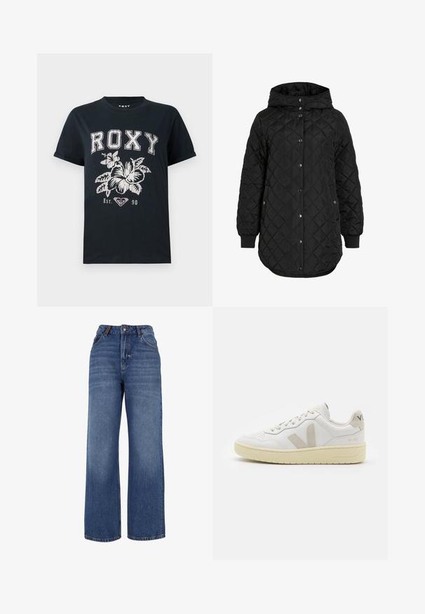 Mustat tikkikankaiset takki, jossa on huppu, nappikiinnitys, ribbireunat ja pidempi helma. Kangas on sileä ja matta.; Musta puuvillapaita, jossa on valkoiset "ROXY"-tekstit, kukkakuviot ja sydämen symboli. Lyhyet hihansuuhteet ja rento malli.; Lauw-leg denim farkut, jotka on valmistettu keskipainoisesta sinisestä puuvillakankaasta. Ominaisuuksiin kuuluu klassinen viiden taskun muotoilu ja vetoketjulla varustettu nappisuljenta.; Valkoiset nahkakengät, joissa on vaaleanruskeat pigmenttisuojat, rei'itetty kärki, litteät nauhat ja teksturoitu kermaisa pohja. Takana on huomaamaton brändäys.