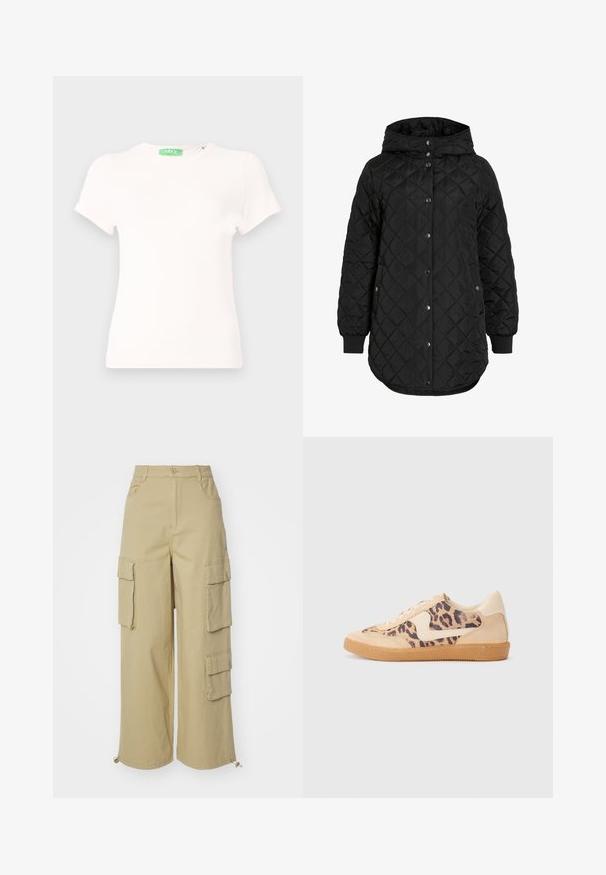 Črna prešita jakna s kapuco, z gumbnim zapiranjem, rebrastimi manšetami in daljšim robom. Tkanina je gladka z mat površino.; Bela kratkotrajna majica s kratkimi rokavi iz mehkega blaga, s krožnim izrezom in zeleno oznako na vratu. Preprost dizajn in prilegajoča oblika.; Bež hlače cargo z širokimi nogami, dvema velikima stranskima žepoma, sprednjima žepoma in detajlom s ponjavico na robu. Mešanica bombaža.; Teniske s leopardjim vzorom z zgornjim delom iz bež semiša, rjavim gumijastim podplatom in belimi detajli. Okrogla konica in vezenje z vezalkami ter teksturirana površina.