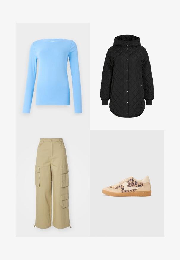 Black quilted jacket with a hood, featuring a button closure, ribbed cuffs, and a longer hem. The fabric is smooth with a matte finish.; GAP CREW - Long sleeved top - union blue; Beige cargo pants featuring wide legs, two large side pockets, front pockets, and a drawstring detail at the hem. Cotton blend fabric.; Leopard print sneakers with beige suede upper, tan rubber sole, and white accents. Round toe and lace-up design with a textured finish.