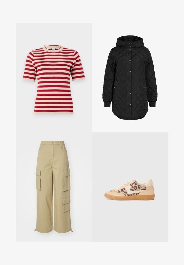 Black quilted jacket with a hood, featuring a button closure, ribbed cuffs, and a longer hem. The fabric is smooth with a matte finish.; Red and cream striped short-sleeve knit t-shirt with a round neckline and ribbed texture. Evenly spaced stripes across the fabric.; Beige cargo pants featuring wide legs, two large side pockets, front pockets, and a drawstring detail at the hem. Cotton blend fabric.; Leopard print sneakers with beige suede upper, tan rubber sole, and white accents. Round toe and lace-up design with a textured finish.